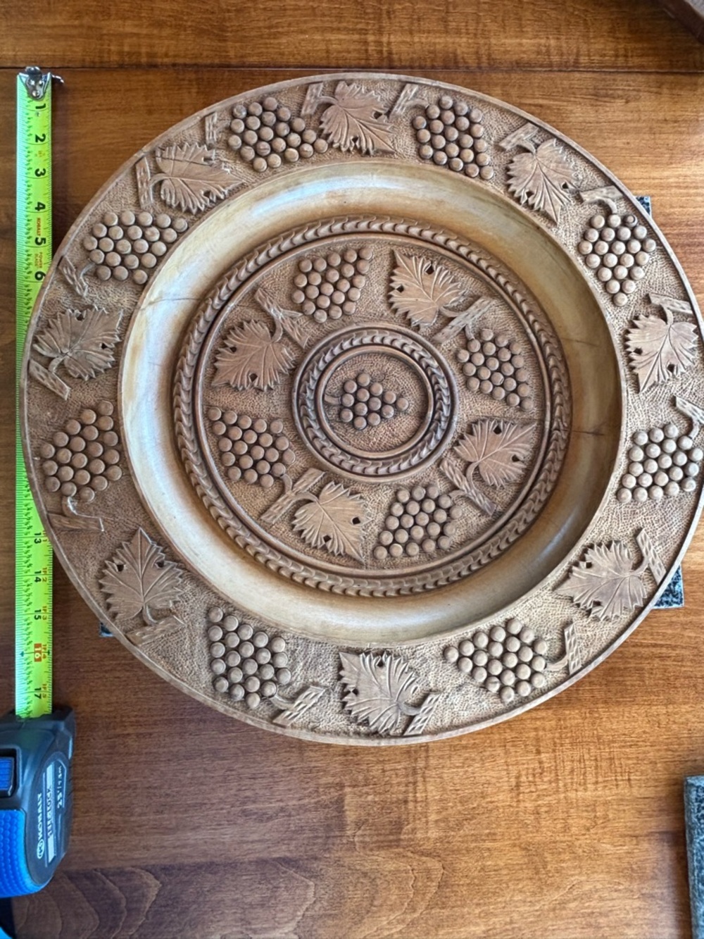 Hand-Carved Vintage Wooden Plate with Grapevine Design - Brown